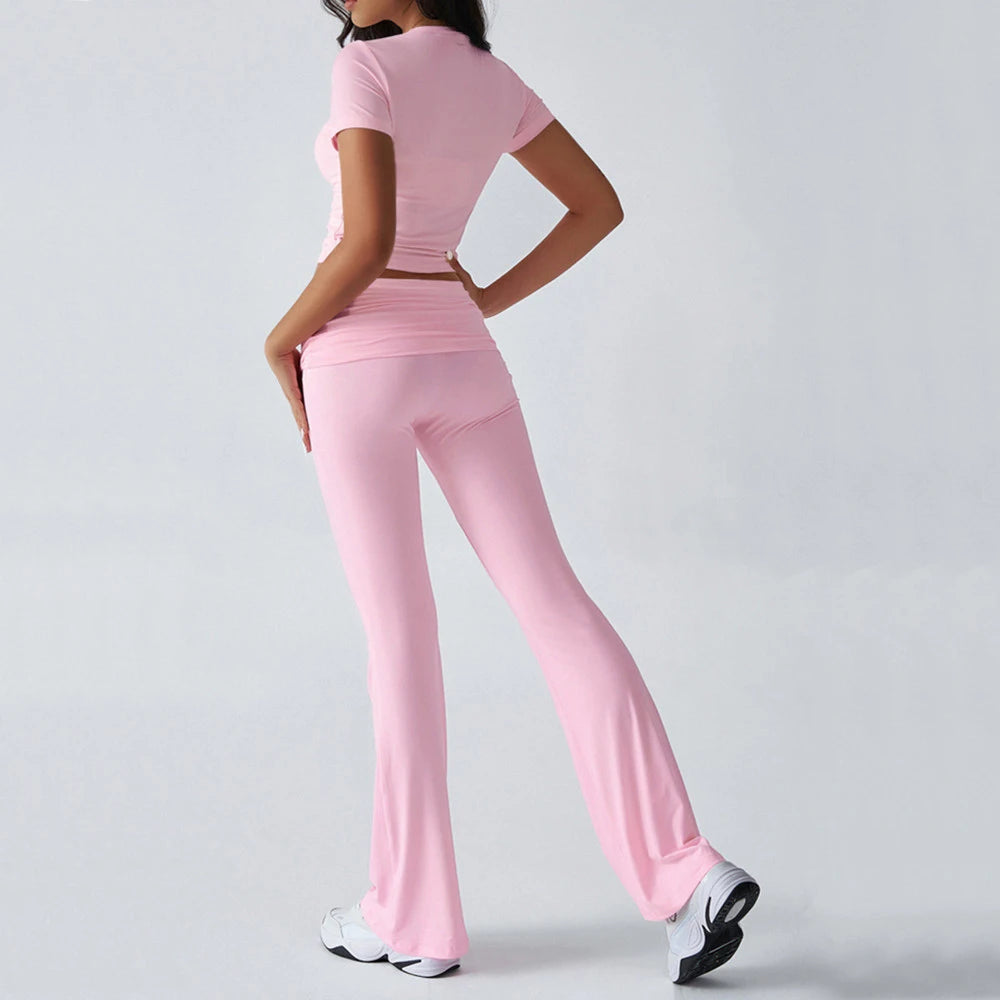 Foldable 2PCS Yoga Set Women Short Sleeve Crop Top