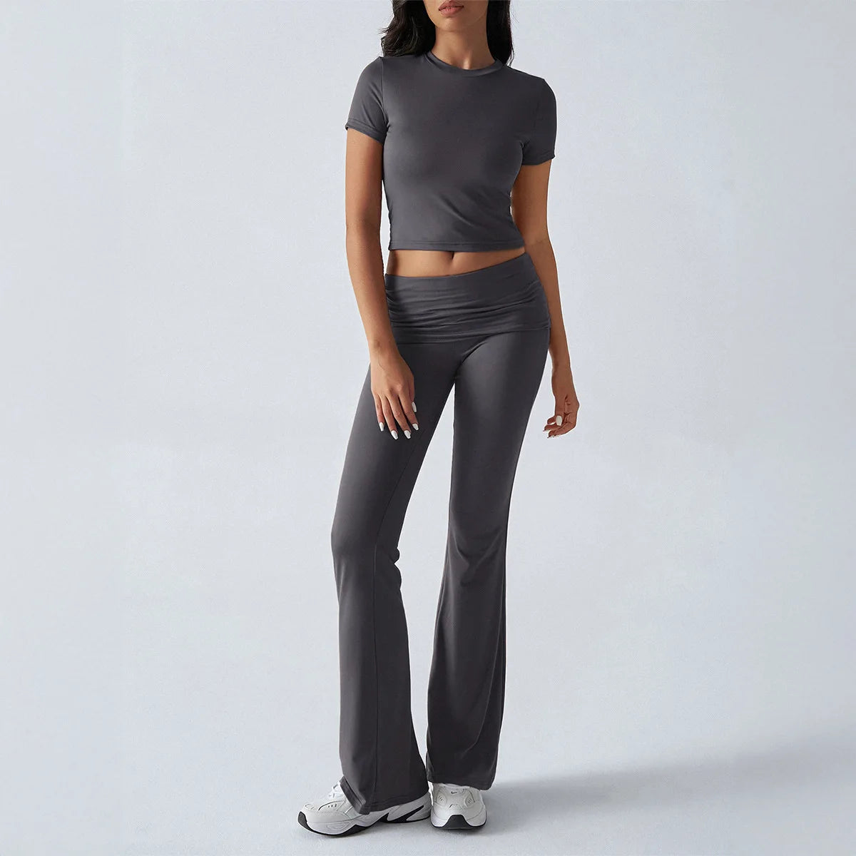 Foldable 2PCS Yoga Set Women Short Sleeve Crop Top