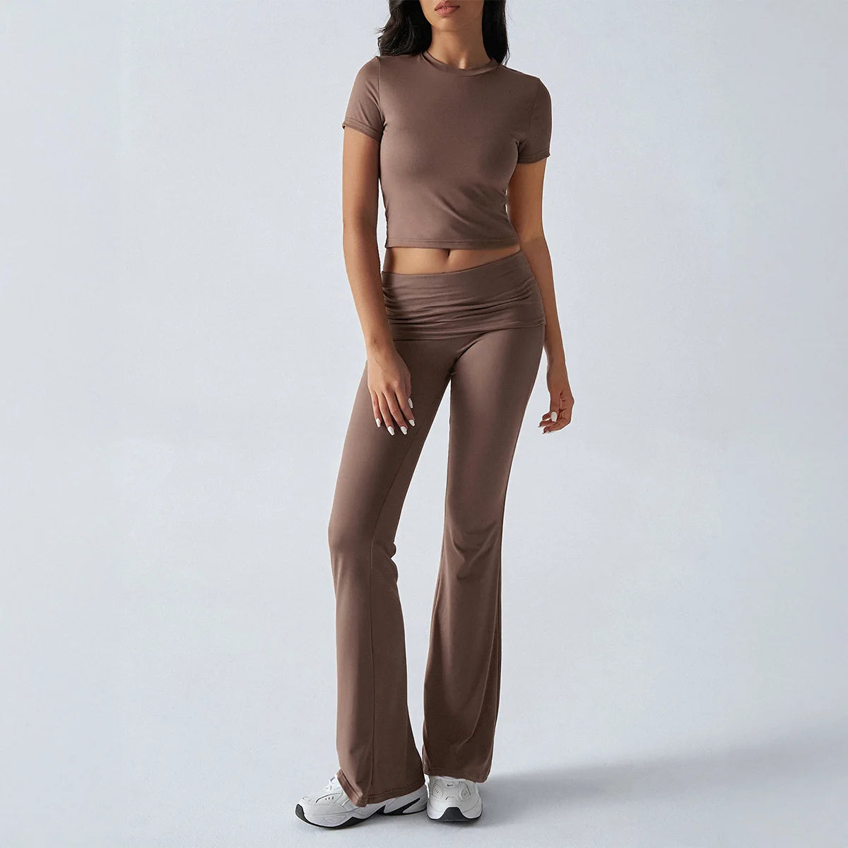 Foldable 2PCS Yoga Set Women Short Sleeve Crop Top