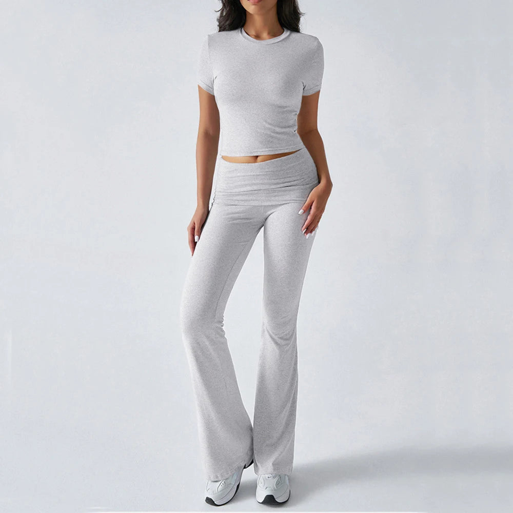 Foldable 2PCS Yoga Set Women Short Sleeve Crop Top