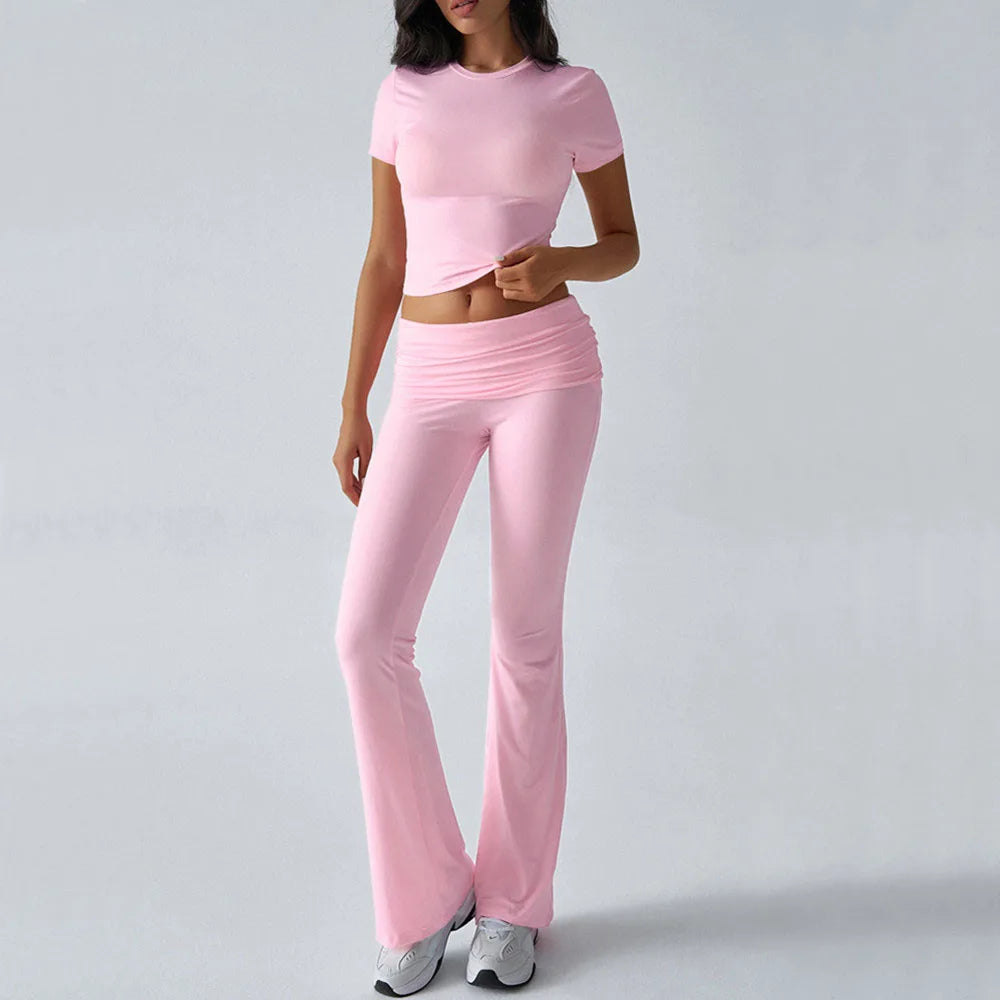 Foldable 2PCS Yoga Set Women Short Sleeve Crop Top