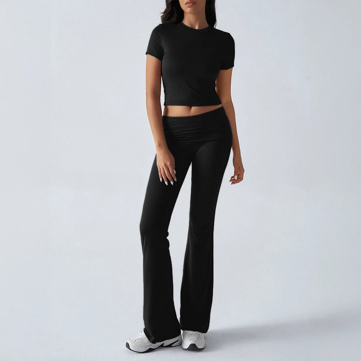 Foldable 2PCS Yoga Set Women Short Sleeve Crop Top