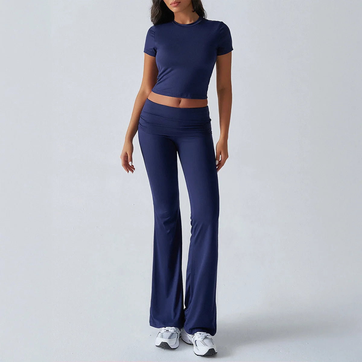 Foldable 2PCS Yoga Set Women Short Sleeve Crop Top
