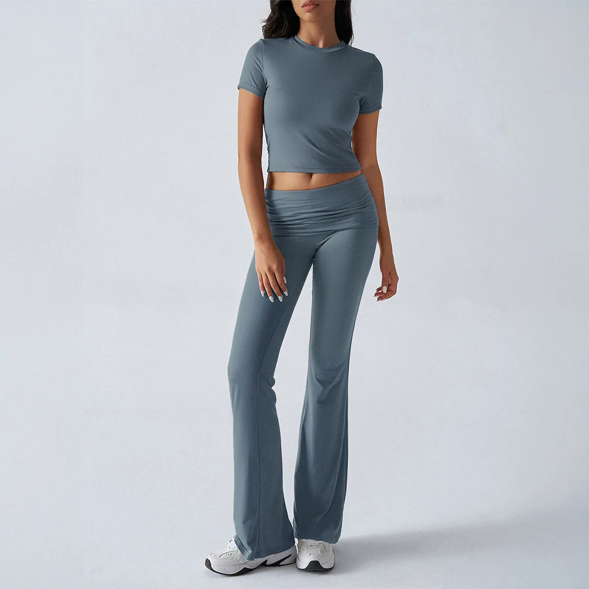 Foldable 2PCS Yoga Set Women Short Sleeve Crop Top