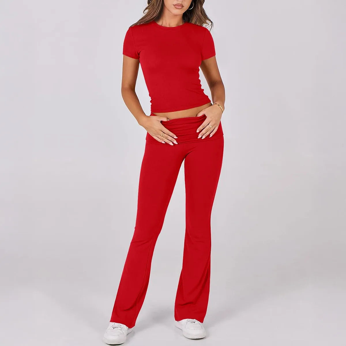 Foldable 2PCS Yoga Set Women Short Sleeve Crop Top
