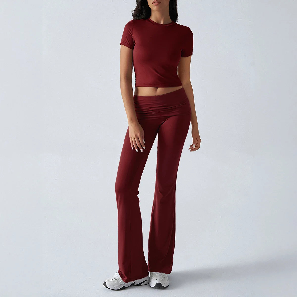 Foldable 2PCS Yoga Set Women Short Sleeve Crop Top