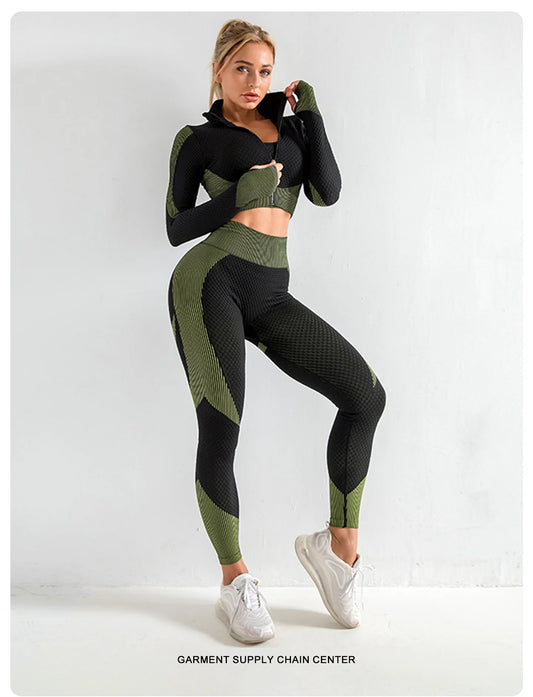 Women’s 3-Piece Seamless Yoga Set – Sports Bra, Vest Jacket & High-Waist Pants