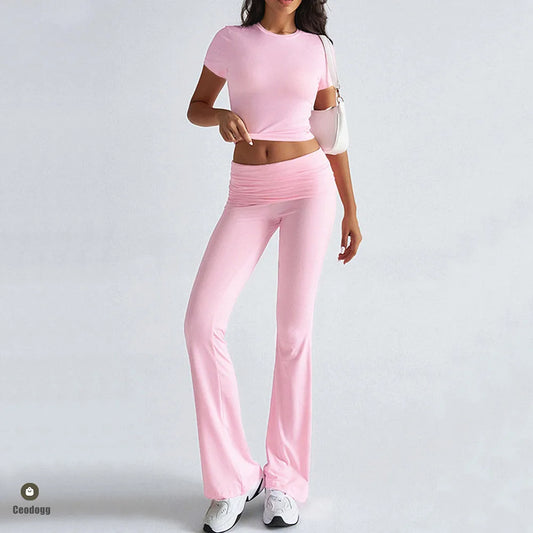 Foldable 2PCS Yoga Set Women Short Sleeve Crop Top