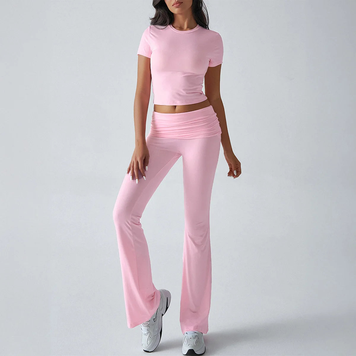 Foldable 2PCS Yoga Set Women Short Sleeve Crop Top